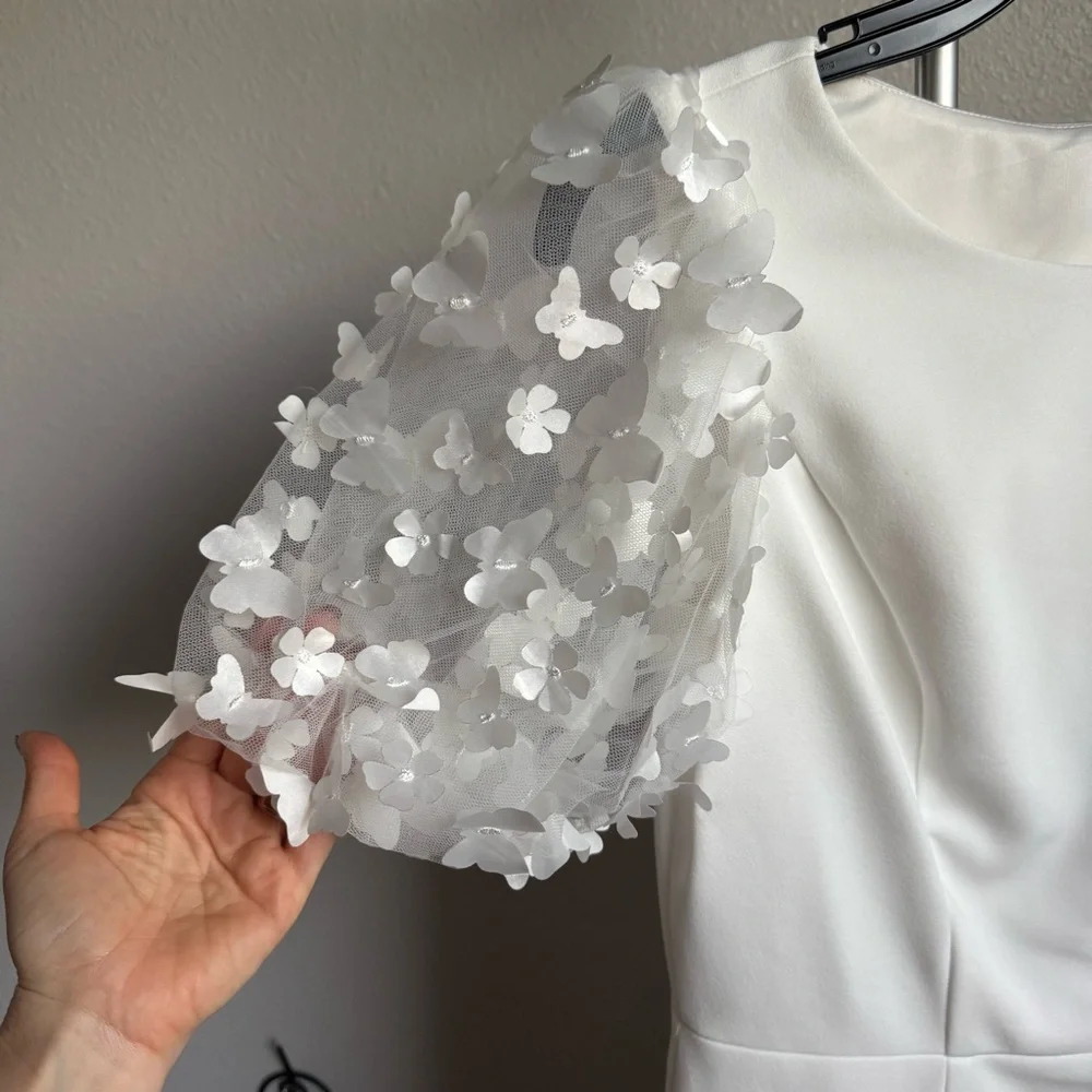 NWT ELIZA J 3d Applique Puff Sleeve Knee Length White Dress Sz 6 - Picture 9 of 13